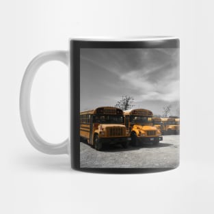 School buses waiting in a parking lot in Brooklyn, New York City Mug